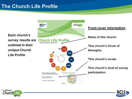 The Church Life Profile Each church’s survey results are outlined in their unique Church Life Profile Front cover information Name of this church This.