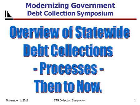 November 1, 2013IMG Collection Symposium1 Modernizing Government Debt Collection Symposium.