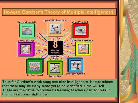 Howard Gardner's Theory of Multiple Intelligences Thus far Gardner's work suggests nine intelligences. He speculates that there may be many more yet to.