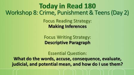 Workshop 8: Crime, Punishment & Teens (Day 2) Focus Reading Strategy: Making Inferences Focus Writing Strategy: Descriptive Paragraph Essential Question: