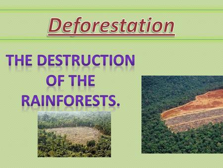 Deforestation is……... When a big percentage of the forest is eradicated, for various reasons. E.g. 1.People needing to provide food and supplies for their.