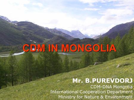 CDM IN MONGOLIA Mr. B.PUREVDORJ CDM-DNA Mongolia International Cooperation Department Ministry for Nature & Environment.