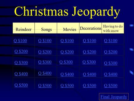 Christmas Jeopardy ReindeerSongsMovies Decorations Having to do with snow Q $100 Q $200 Q $300 Q $400 Q $500 Q $100 Q $200 Q $300 Q $400 Q $500 Final.