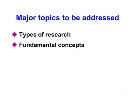 1 Major topics to be addressed  Types of research  Fundamental concepts.