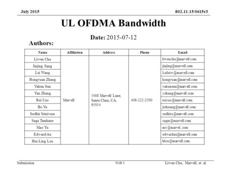 Submission 802.11-15/0615r3July 2015 UL OFDMA Bandwidth Slide 1 Date: 2015-07-12 Authors: NameAffiliationAddressPhoneEmail Liwen Chu Marvell 5488 Marvell.