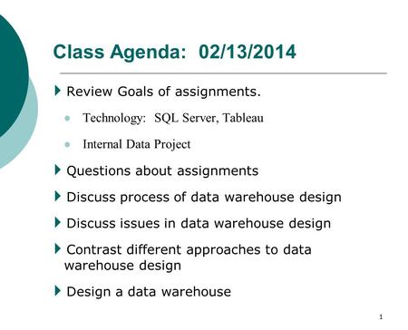 Class Agenda: 02/13/2014 Review Goals of assignments.