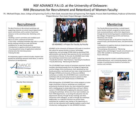 NSF ADVANCE P.A.I.D. at the University of Delaware: RRR (Resources for Recruitment and Retention) of Women Faculty ADVANCE at the University of Delaware.