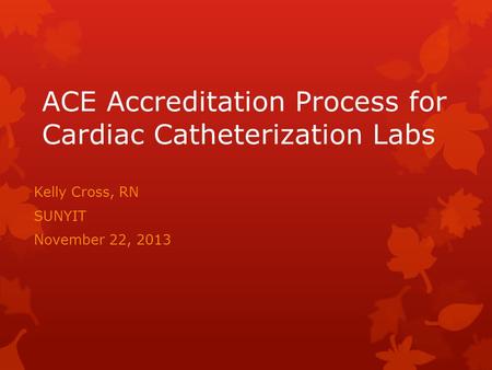 ACE Accreditation Process for Cardiac Catheterization Labs Kelly Cross, RN SUNYIT November 22, 2013.