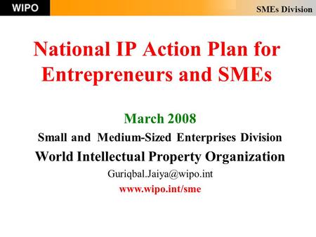 SMEs Division National IP Action Plan for Entrepreneurs and SMEs March 2008 Small and Medium-Sized Enterprises Division World Intellectual Property Organization.