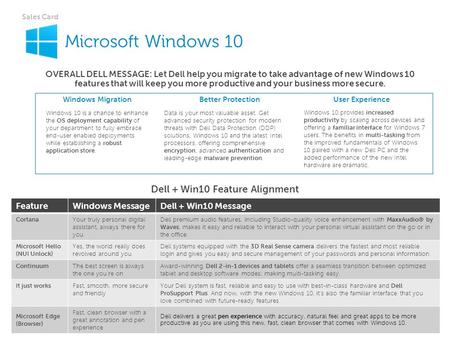 Sales Card Dell Confidential – Internal Use Only Microsoft Windows 10 OVERALL DELL MESSAGE: Let Dell help you migrate to take advantage of new Windows.