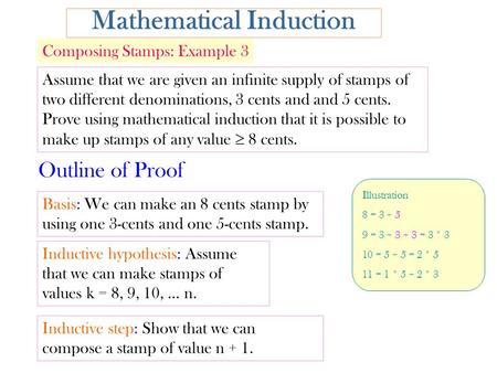Mathematical Induction Assume that we are given an infinite supply of stamps of two different denominations, 3 cents and and 5 cents. Prove using mathematical.