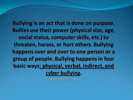 Physical Bullying Physical bullying happens when there is hitting, kicking, punching, taking peoples’ belongings or other acts that hurt people physically.