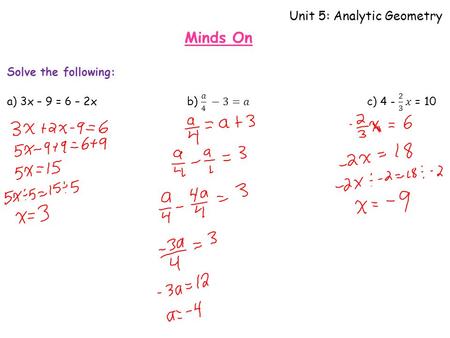 Unit 5: Analytic Geometry Minds On. Unit 5: Analytic Geometry Lesson Two: Table of Values Learning Goals:  I can graph linear relations using the table.