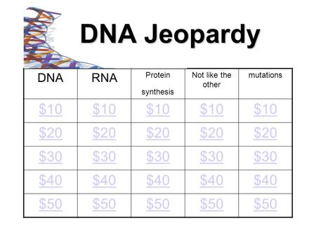 DNARNA Protein synthesis Not like the other mutations $10 $20 $30 $40 $50 DNA Jeopardy.
