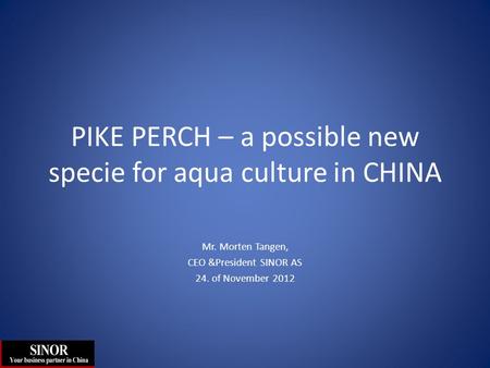 PIKE PERCH – a possible new specie for aqua culture in CHINA Mr. Morten Tangen, CEO &President SINOR AS 24. of November 2012.