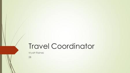 Travel Coordinator Wyatt Raines 2B. What is a Travel Coordinator  Responsible for coordinating the company's travel needs.  Schedules hotel and flight.
