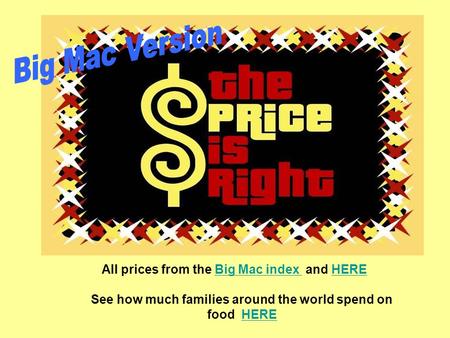 All prices from the Big Mac index and HEREBig Mac index HERE See how much families around the world spend on food HEREHERE.