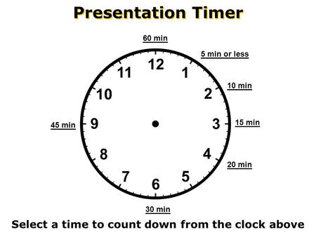 Presentation Timer Select a time to count down from the clock above 60 min 45 min 30 min 20 min 15 min 10 min 5 min or less.