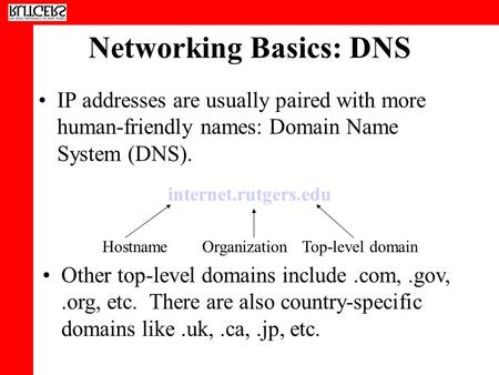 Networking Basics: DNS IP addresses are usually paired with more human-friendly names: Domain Name System (DNS). internet.rutgers.edu HostnameOrganizationTop-level.