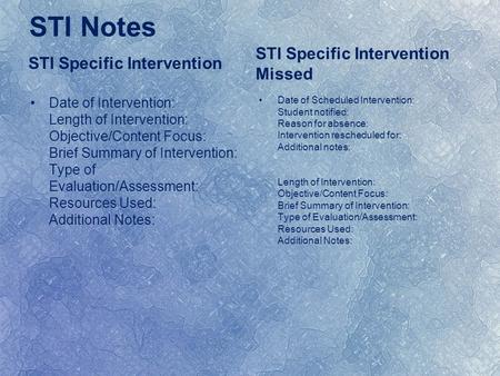 STI Notes STI Specific Intervention Date of Intervention: Length of Intervention: Objective/Content Focus: Brief Summary of Intervention: Type of Evaluation/Assessment:
