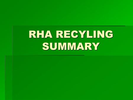 RHA RECYLING SUMMARY. GOALS OF A SUCCESSFUL RECYCLING PROGRAM  Effective Resource Conservation  Energy efficient  Salvage materials  Financially Responsible.