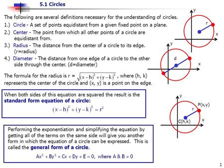 5.1 Circles 1 The following are several definitions necessary for the understanding of circles. 1.) Circle - A set of points equidistant from a given fixed.