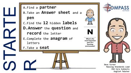 STARTE R A.Find a partner B.Take an Answer sheet and a pen C.Find the 12 hidden labels D.Answer the question and record the letter E.Complete the anagram.