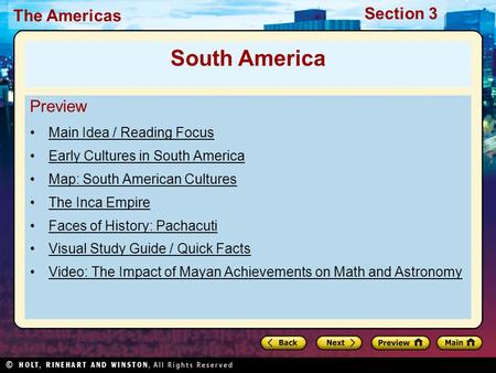 South America Preview Main Idea / Reading Focus