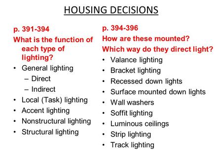 HOUSING DECISIONS p. 394-396 How are these mounted? Which way do they direct light? Valance lighting Bracket lighting Recessed down lights Surface mounted.