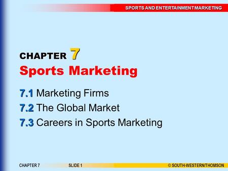 © SOUTH-WESTERN/THOMSON SPORTS AND ENTERTAINMENT MARKETING CHAPTER 7SLIDE 1 CHAPTER 7 CHAPTER 7 Sports Marketing 7.1 7.1 Marketing Firms 7.2 7.2 The Global.