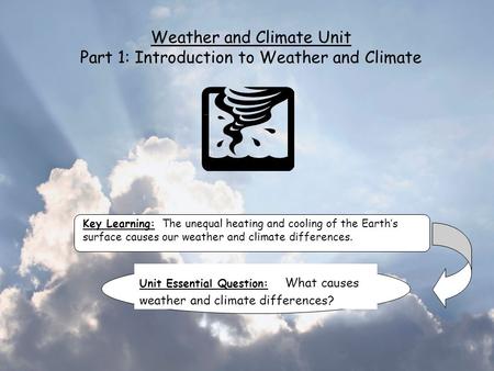Weather and Climate Unit Part 1: Introduction to Weather and Climate Key Learning: The unequal heating and cooling of the Earth’s surface causes our weather.