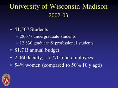 University of Wisconsin-Madison 2002-03 41,507 Students –28,677 undergraduate students –12,830 graduate & professional students $1.7 B annual budget 2,060.