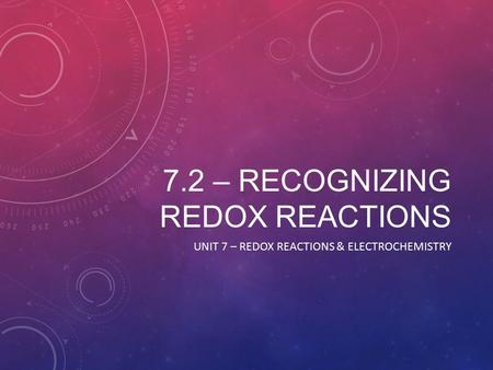7.2 – RECOGNIZING REDOX REACTIONS UNIT 7 – REDOX REACTIONS & ELECTROCHEMISTRY.