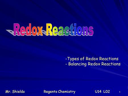 Redox Reactions Types of Redox Reactions Balancing Redox Reactions