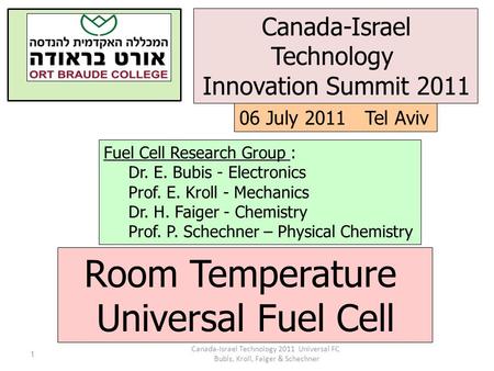 Fuel Cell Research Group : Dr. E. Bubis - Electronics Prof. E. Kroll - Mechanics Dr. H. Faiger - Chemistry Prof. P. Schechner – Physical Chemistry Canada-Israel.