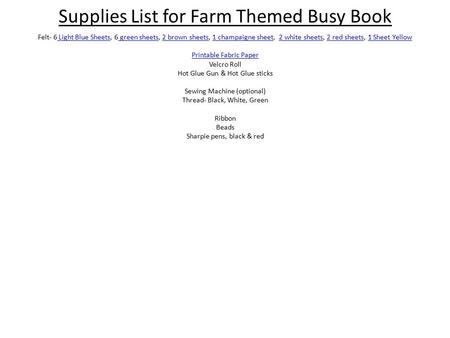 Supplies List for Farm Themed Busy Book
