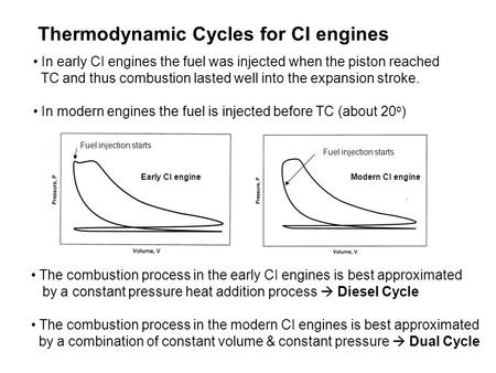 Thermodynamic Cycles for CI engines In early CI engines the fuel was injected when the piston reached TC and thus combustion lasted well into the expansion.