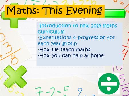 Maths: This Evening -Introduction to new 2014 maths curriculum