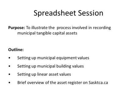 Spreadsheet Session Purpose: To illustrate the process involved in recording municipal tangible capital assets Outline: Setting up municipal equipment.