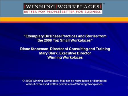 “Exemplary Business Practices and Stories from the 2008 Top Small Workplaces” Diane Stoneman, Director of Consulting and Training Mary Clark, Executive.