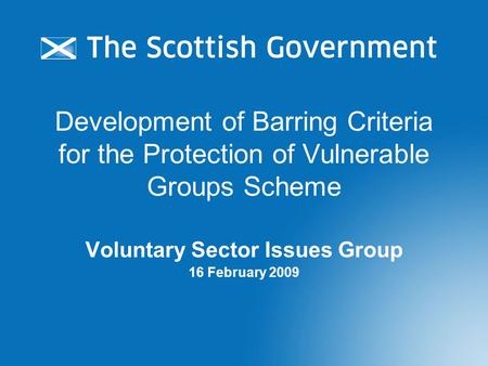 Development of Barring Criteria for the Protection of Vulnerable Groups Scheme Voluntary Sector Issues Group 16 February 2009.