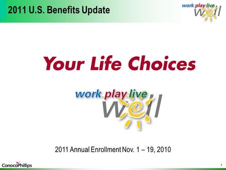1 2011 U.S. Benefits Update 2011 Annual Enrollment Nov. 1 – 19, 2010.