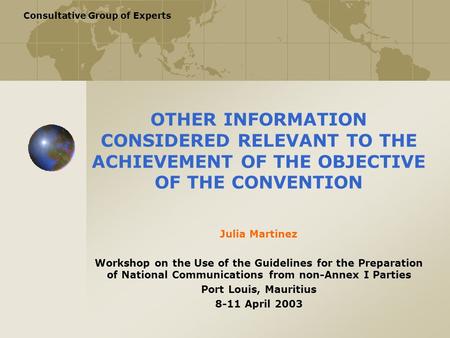 Consultative Group of Experts OTHER INFORMATION CONSIDERED RELEVANT TO THE ACHIEVEMENT OF THE OBJECTIVE OF THE CONVENTION Julia Martinez Workshop on the.