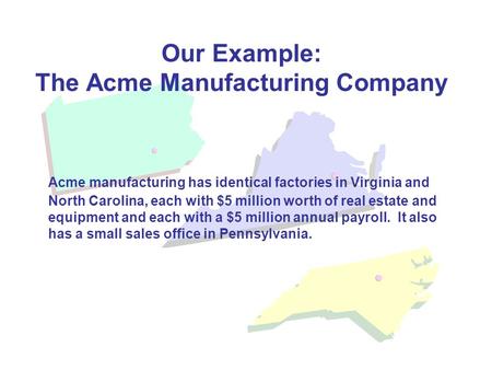 Our Example: The Acme Manufacturing Company Acme manufacturing has identical factories in Virginia and North Carolina, each with $5 million worth of real.