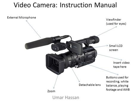 Video Camera: Instruction Manual Umar Hassan External Microphone Small LCD screen Detachable lens Zoom Insert video tape here Viewfinder (used for eyes)