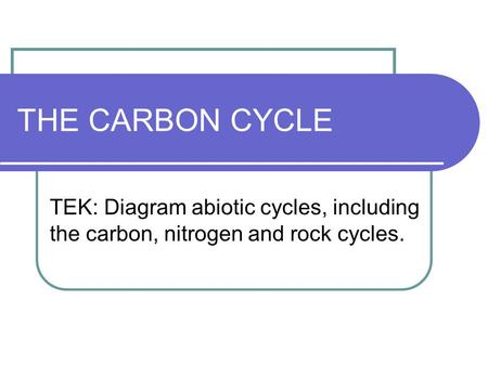 THE CARBON CYCLE TEK: Diagram abiotic cycles, including the carbon, nitrogen and rock cycles.