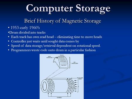 Computer Storage Brief History of Magnetic Storage 1953-early 1960’s Drum divided into tracks Each track has own read head – eliminating time to move heads.