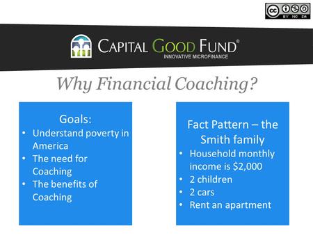 Why Financial Coaching? Fact Pattern – the Smith family Household monthly income is $2,000 2 children 2 cars Rent an apartment Goals: Understand poverty.