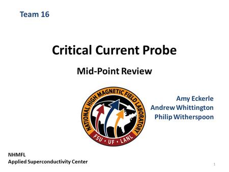 Critical Current Probe Mid-Point Review Amy Eckerle Andrew Whittington Philip Witherspoon Team 16 NHMFL Applied Superconductivity Center 1.