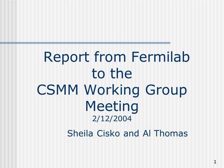 1 Report from Fermilab to the CSMM Working Group Meeting 2/12/2004 Sheila Cisko and Al Thomas.